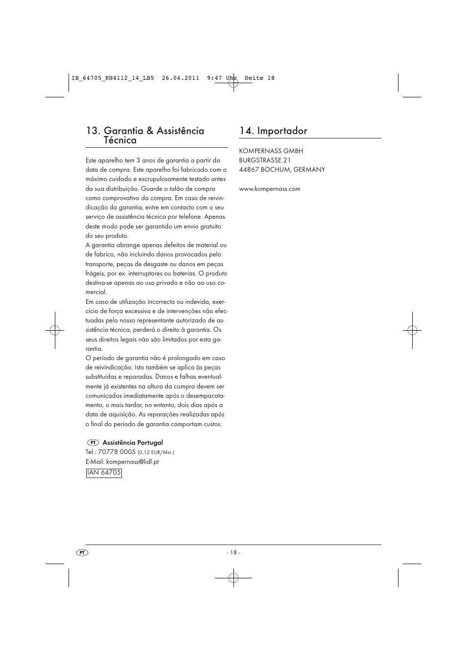 Garantia & assistência técnica, Importador | Livarno KH 4112 User Manual | Page 20 / 32