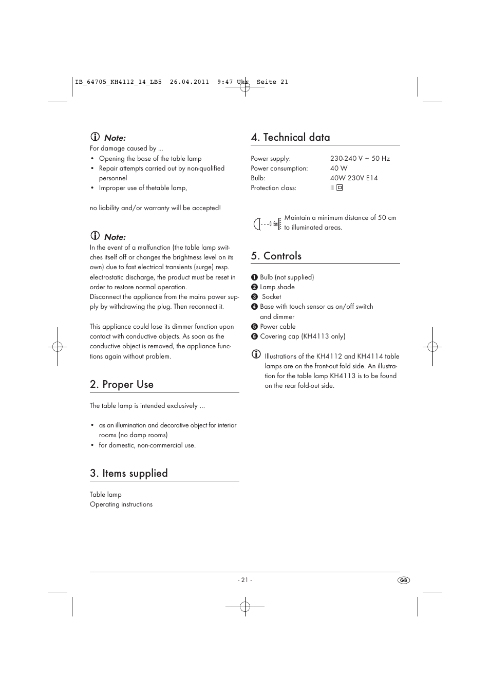 Proper use, Items supplied, Technical data | Controls | Livarno KH 4112 User Manual | Page 23 / 32