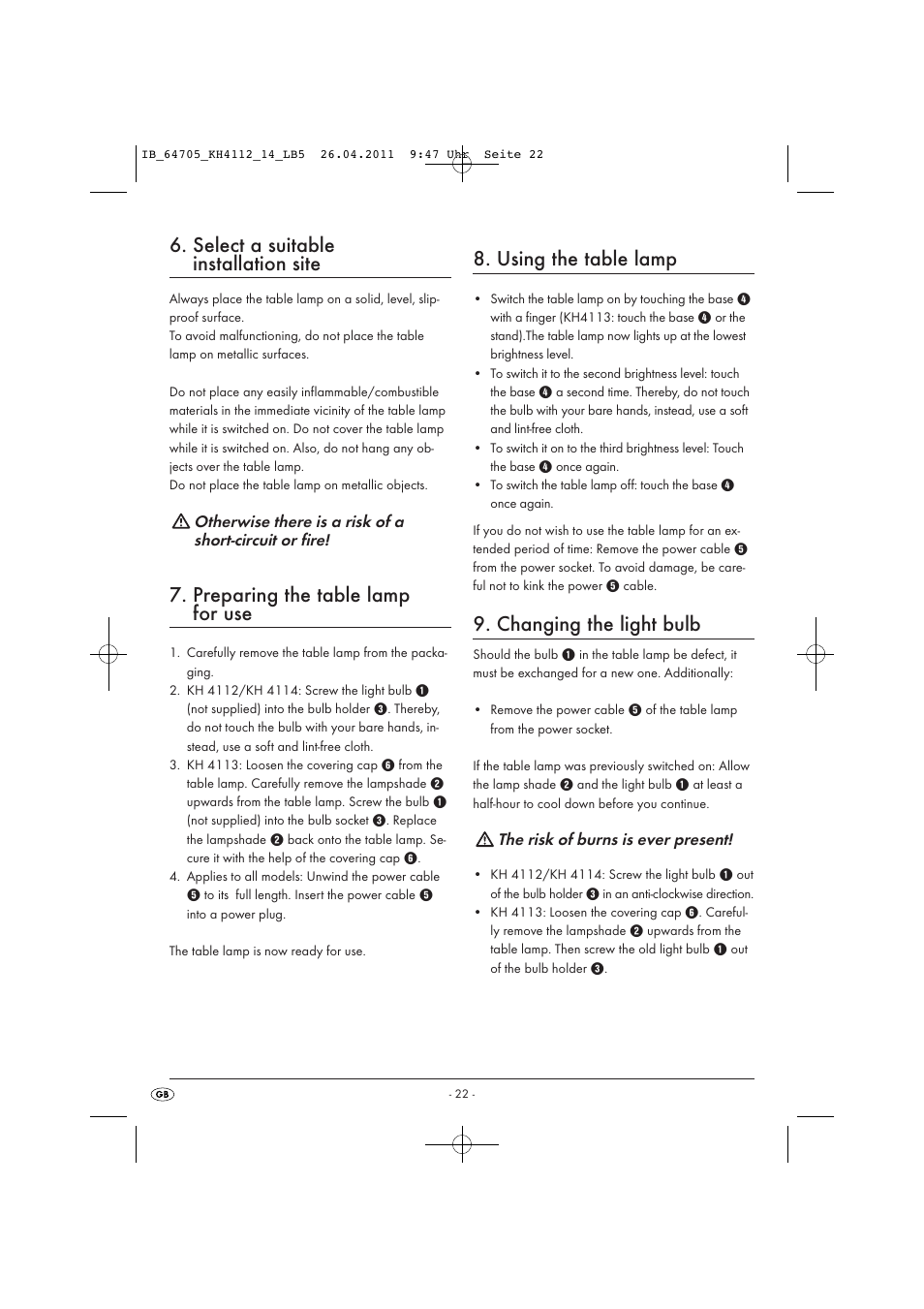 Select a suitable installation site, Preparing the table lamp for use, Using the table lamp | Changing the light bulb | Livarno KH 4112 User Manual | Page 24 / 32