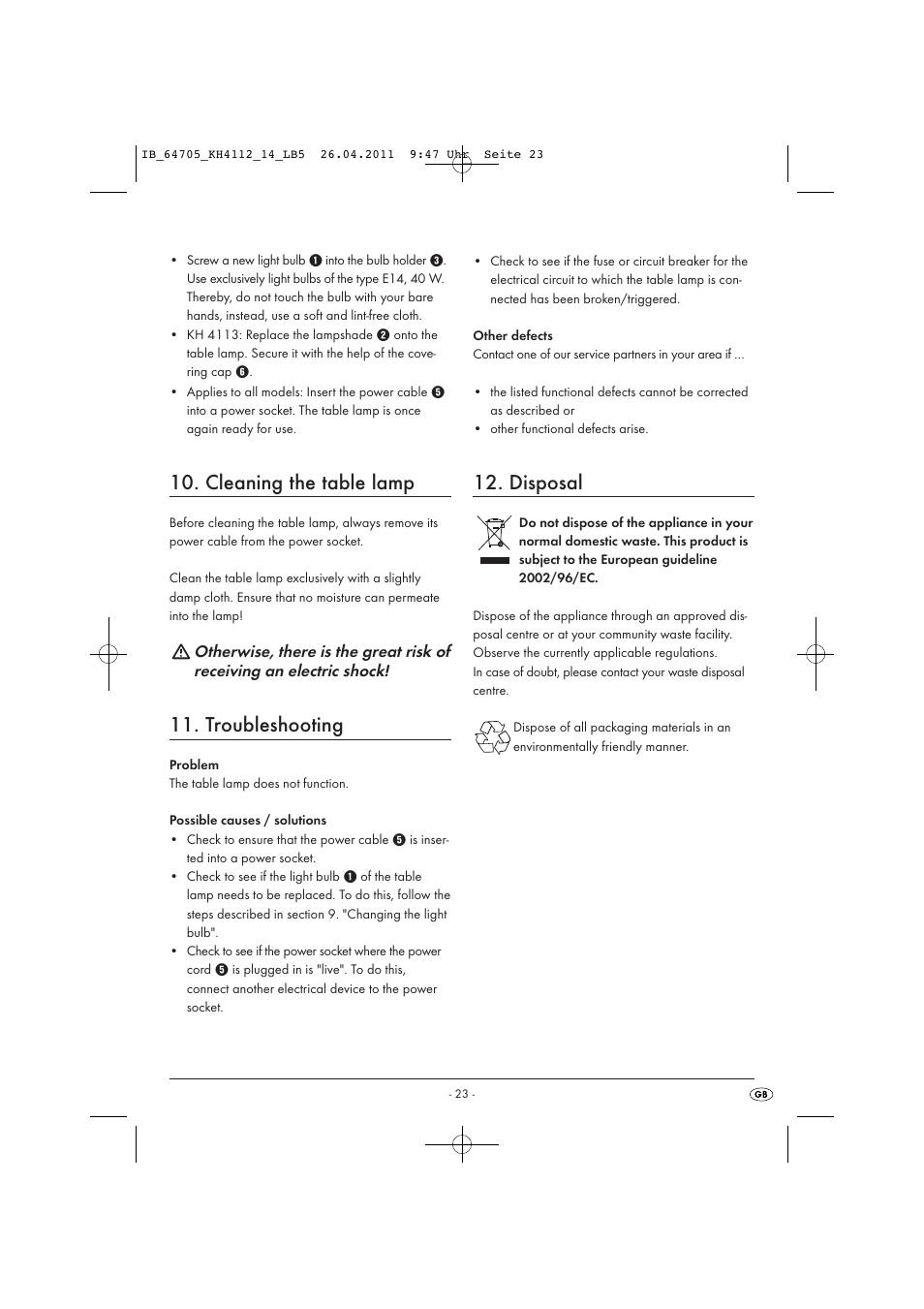 Cleaning the table lamp, Troubleshooting, Disposal | Livarno KH 4112 User Manual | Page 25 / 32