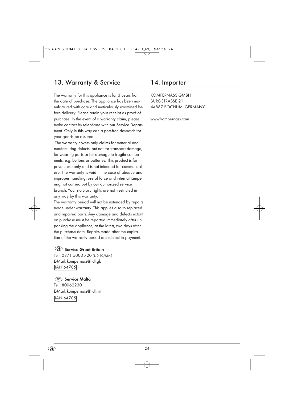 Warranty & service, Importer | Livarno KH 4112 User Manual | Page 26 / 32