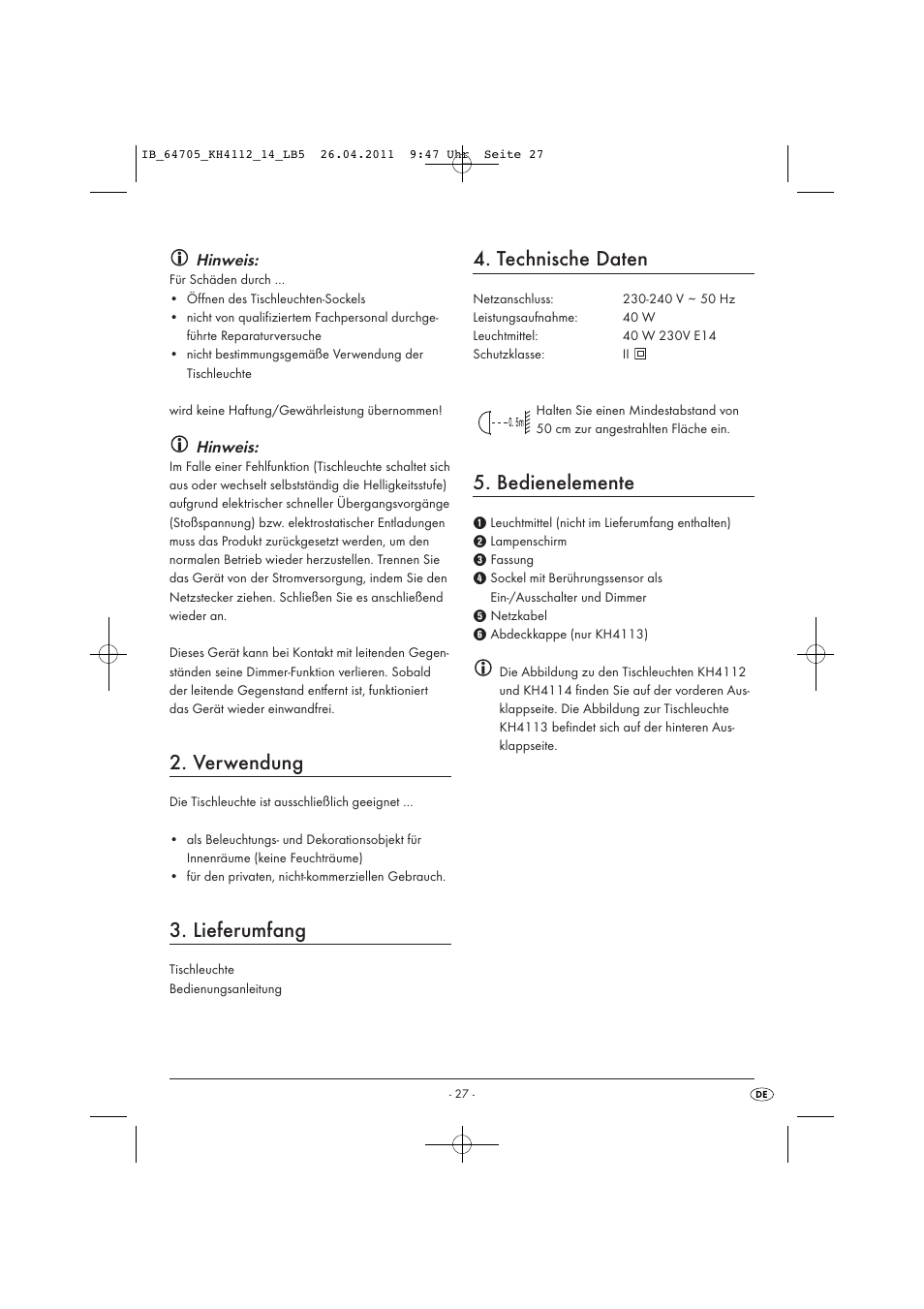 Verwendung, Lieferumfang, Technische daten | Bedienelemente, Hinweis | Livarno KH 4112 User Manual | Page 29 / 32