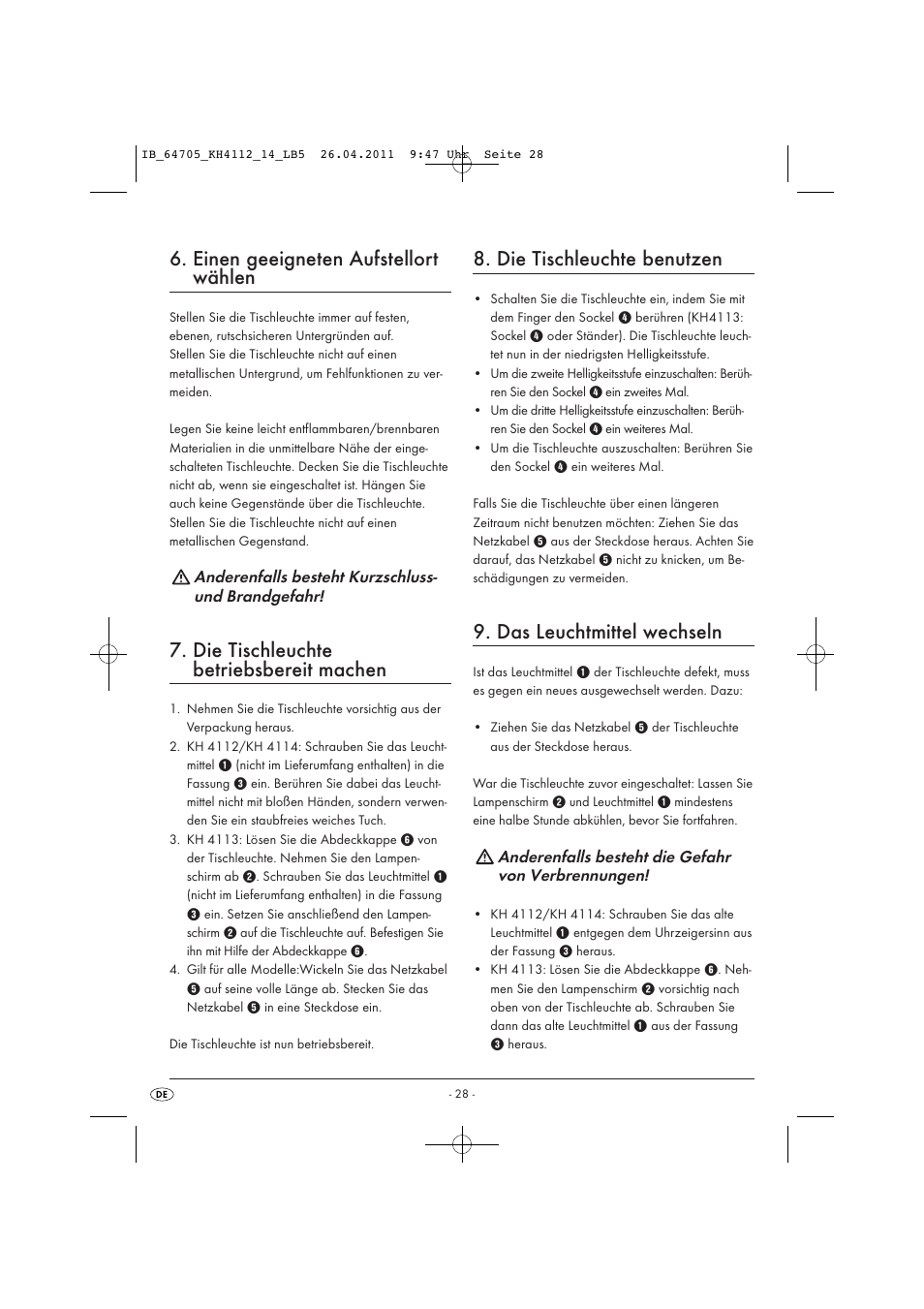 Einen geeigneten aufstellort wählen, Die tischleuchte betriebsbereit machen, Die tischleuchte benutzen | Das leuchtmittel wechseln | Livarno KH 4112 User Manual | Page 30 / 32
