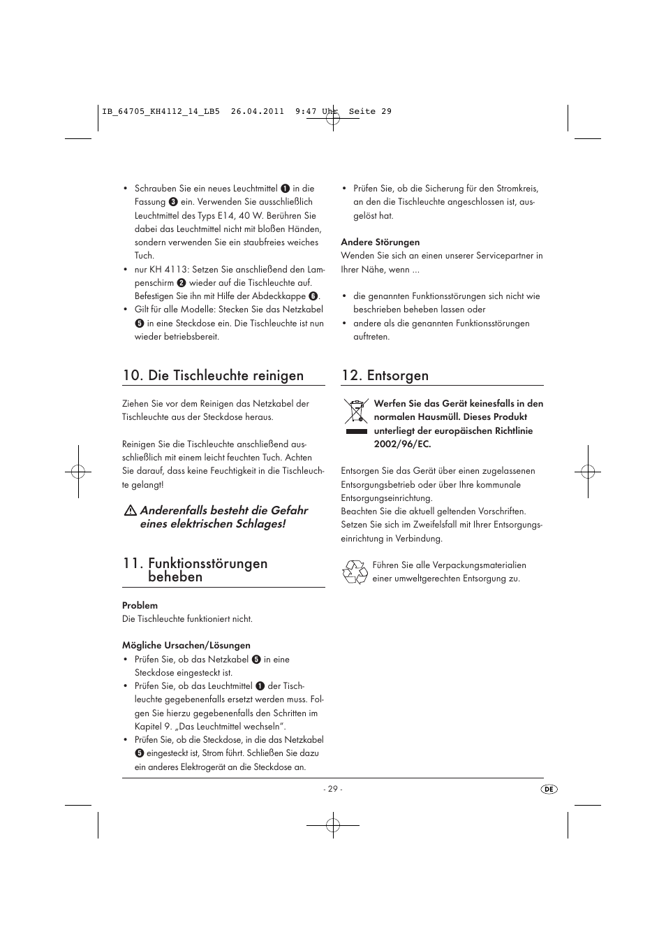 Die tischleuchte reinigen, Funktionsstörungen beheben, Entsorgen | Livarno KH 4112 User Manual | Page 31 / 32