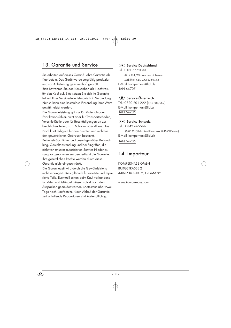 Garantie und service, Importeur | Livarno KH 4112 User Manual | Page 32 / 32