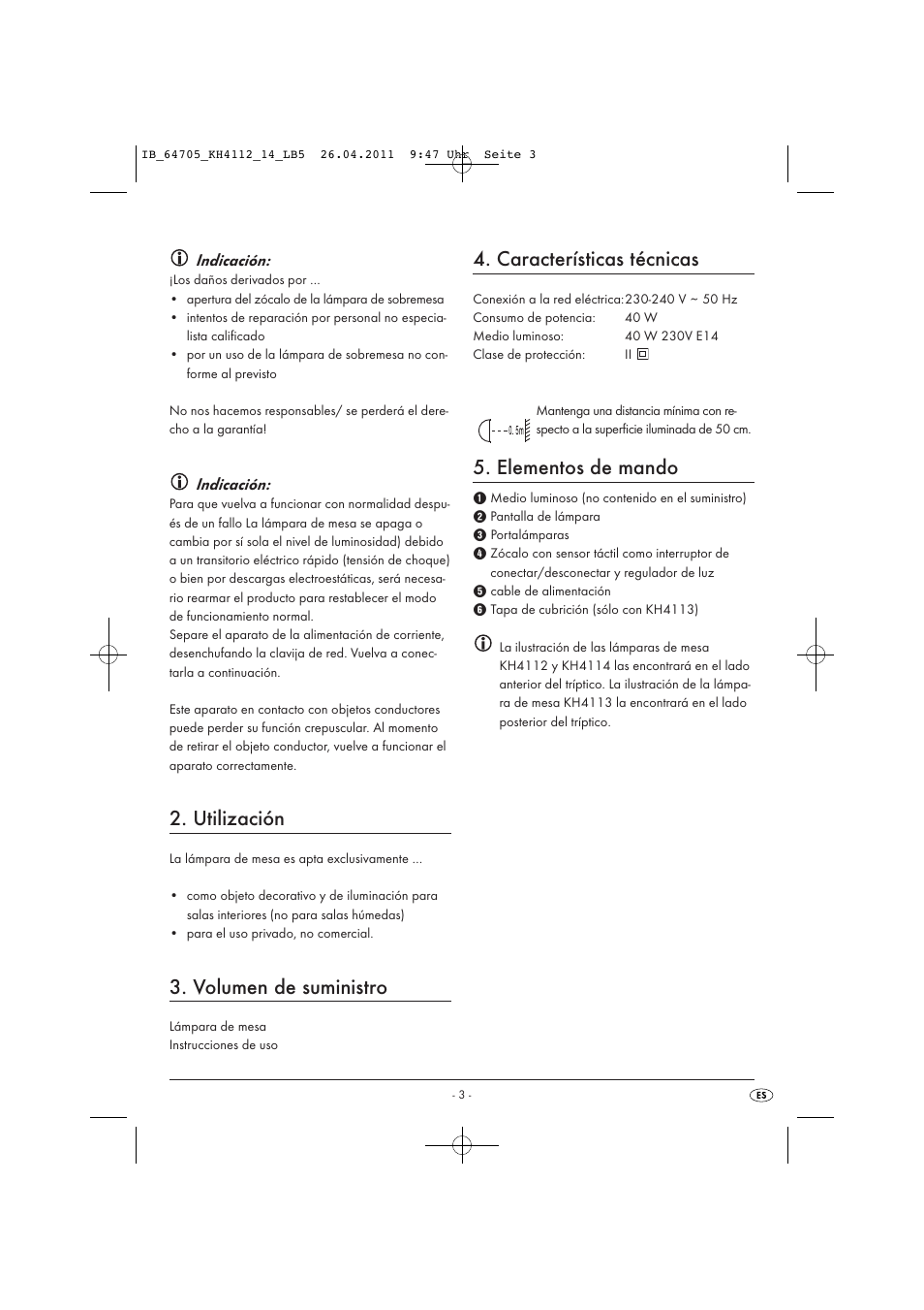 Utilización, Volumen de suministro, Características técnicas | Elementos de mando | Livarno KH 4112 User Manual | Page 5 / 32