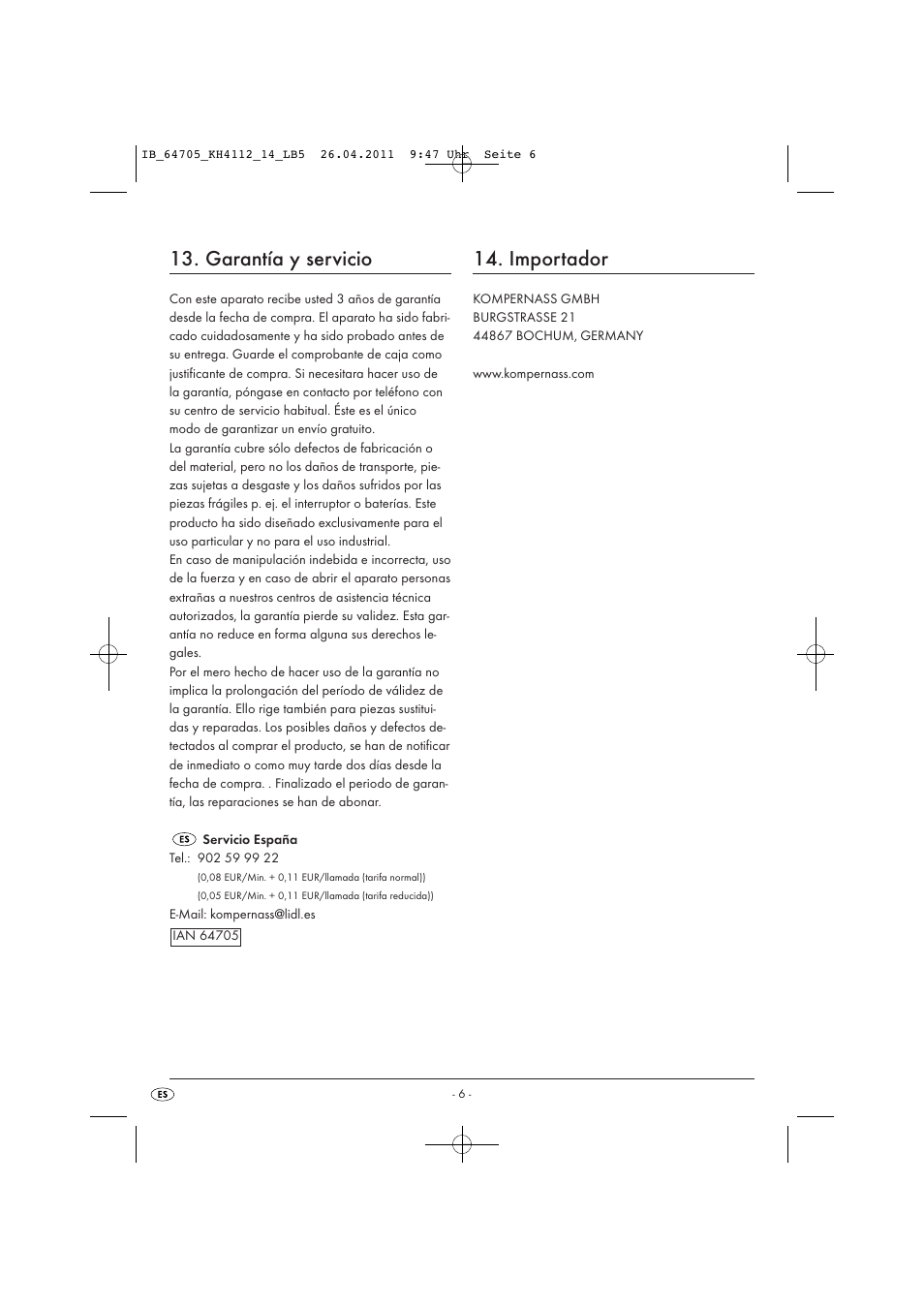 Garantía y servicio, Importador | Livarno KH 4112 User Manual | Page 8 / 32