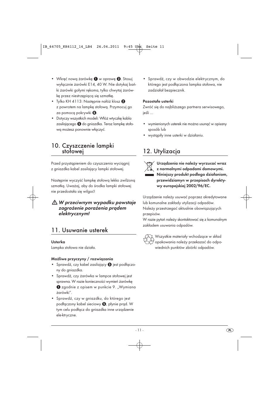 Czyszczenie lampki stołowej, Usuwanie usterek, Utylizacja | Livarno KH 4112 User Manual | Page 13 / 44