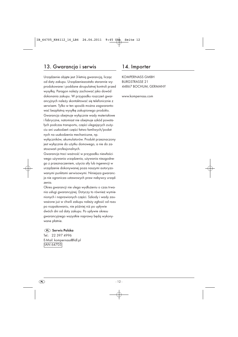 Gwarancja i serwis, Importer | Livarno KH 4112 User Manual | Page 14 / 44
