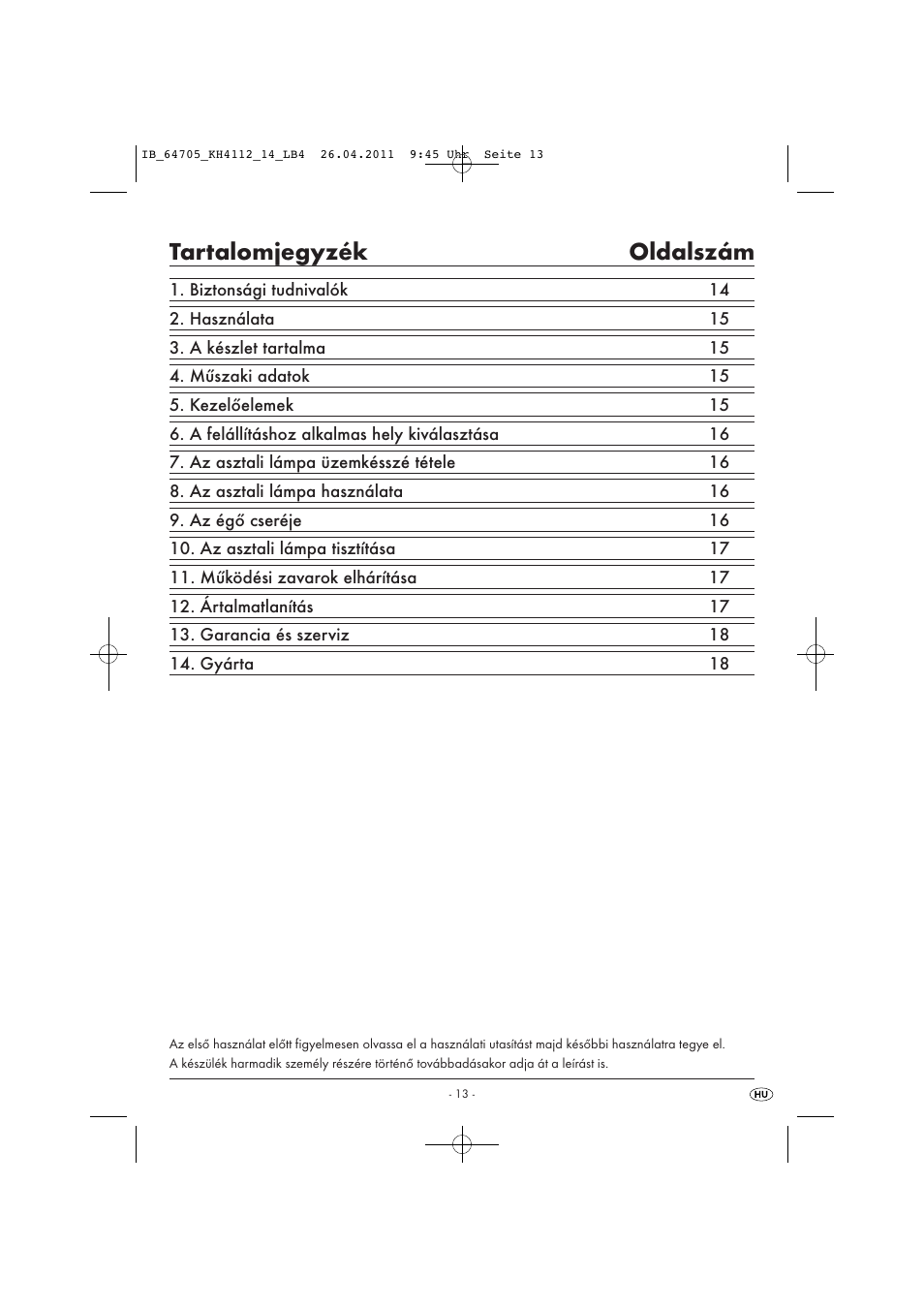 Tartalomjegyzék oldalszám | Livarno KH 4112 User Manual | Page 15 / 44