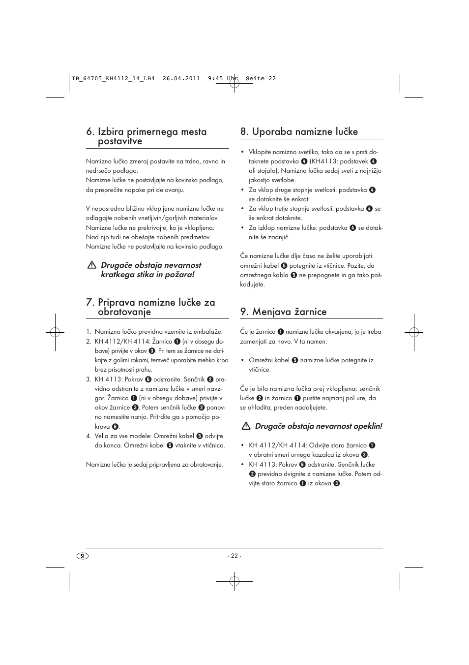 Izbira primernega mesta postavitve, Priprava namizne lučke za obratovanje, Uporaba namizne lučke | Menjava žarnice | Livarno KH 4112 User Manual | Page 24 / 44