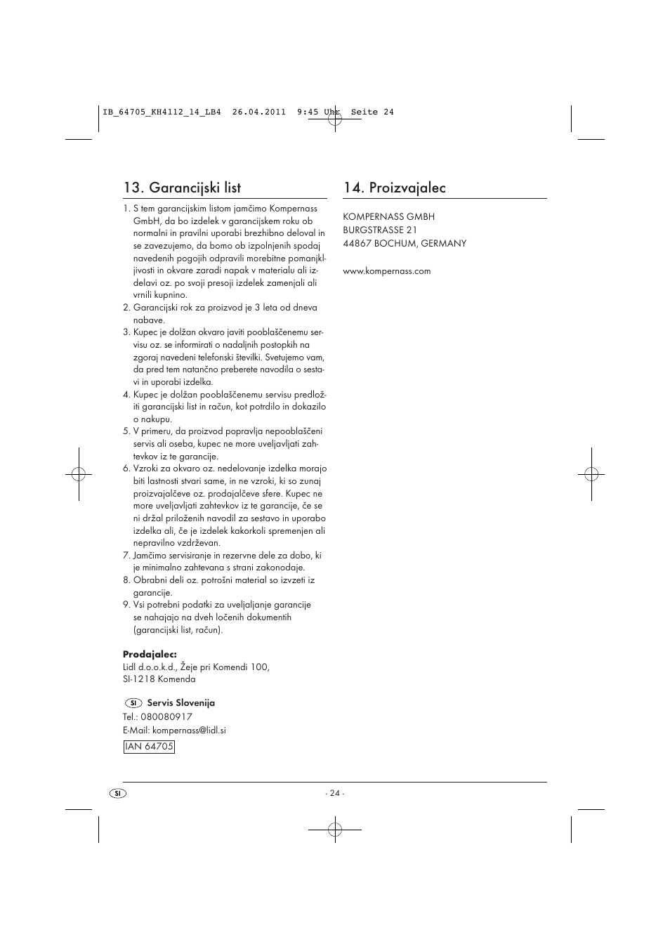 Garancijski list, Proizvajalec | Livarno KH 4112 User Manual | Page 26 / 44