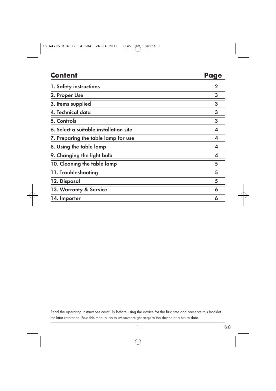 Content page | Livarno KH 4112 User Manual | Page 3 / 44