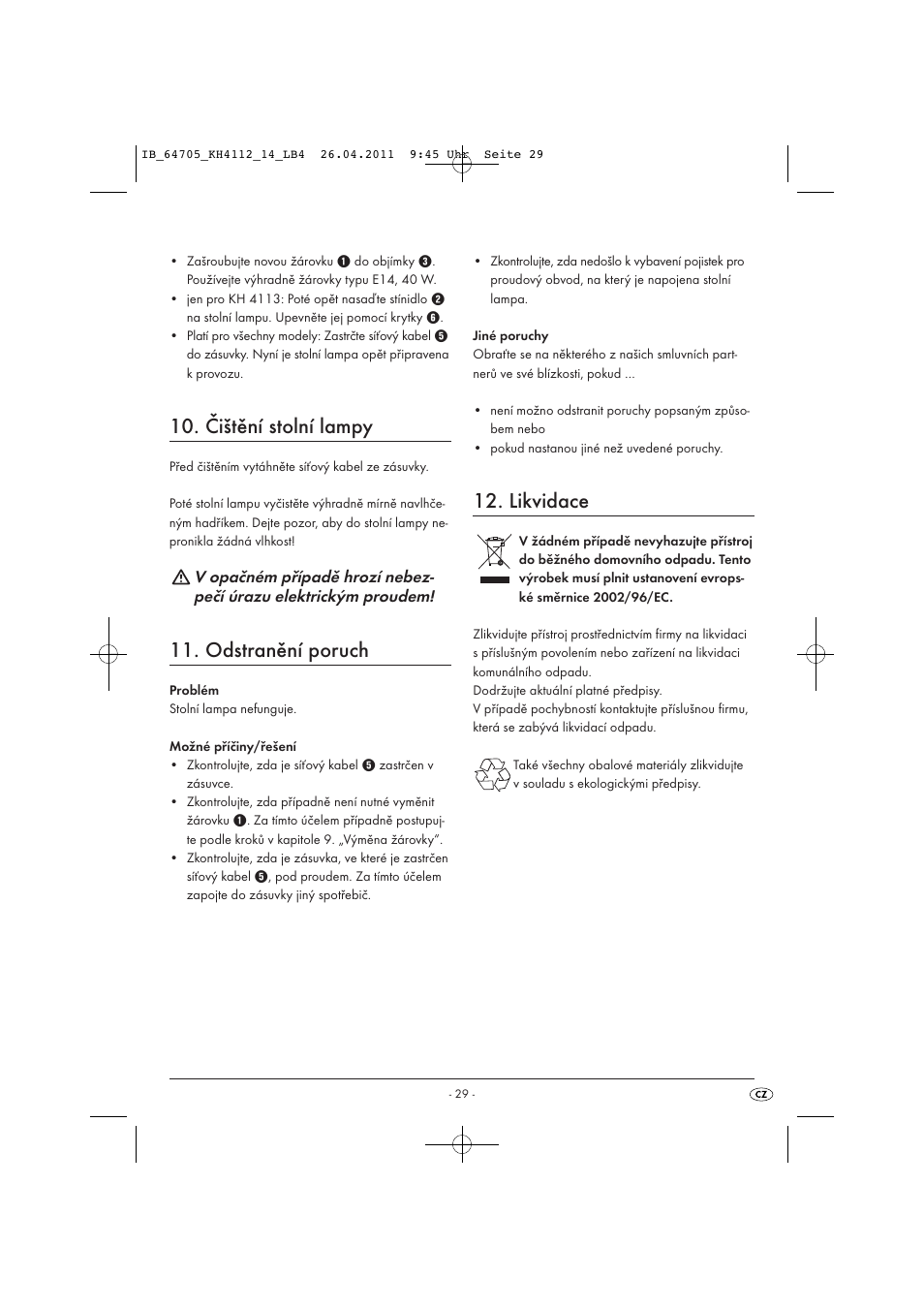 Čištění stolní lampy, Odstranění poruch, Likvidace | Livarno KH 4112 User Manual | Page 31 / 44