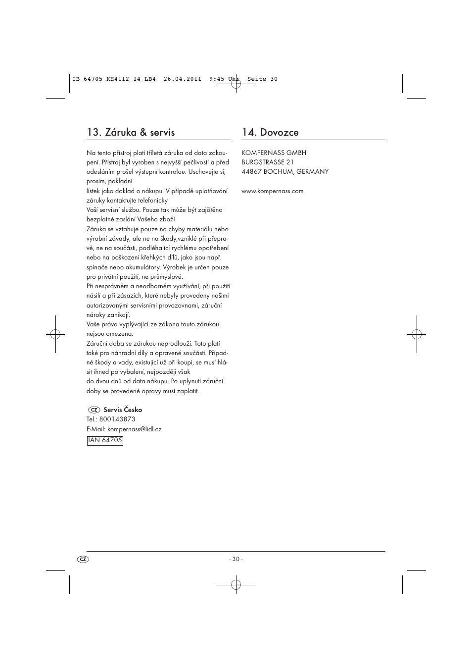 Záruka & servis, Dovozce | Livarno KH 4112 User Manual | Page 32 / 44
