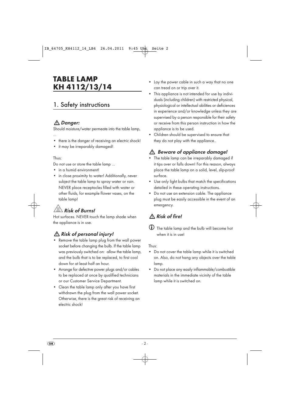 Safety instructions, Danger, Risk of burns | Risk of personal injury, Beware of appliance damage, Risk of fire | Livarno KH 4112 User Manual | Page 4 / 44