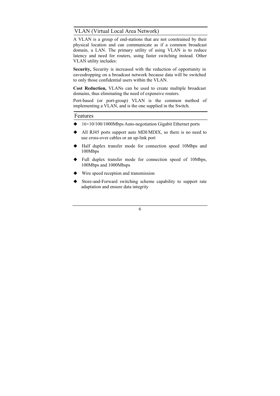 Vlan (virtual local area network), Features | D-Link 16-Port 10/100/1000Mbps Gigabit Ethernet Switch + 2-Port Mini GBIC Web-Smart Switch DGS-1216T User Manual | Page 12 / 61