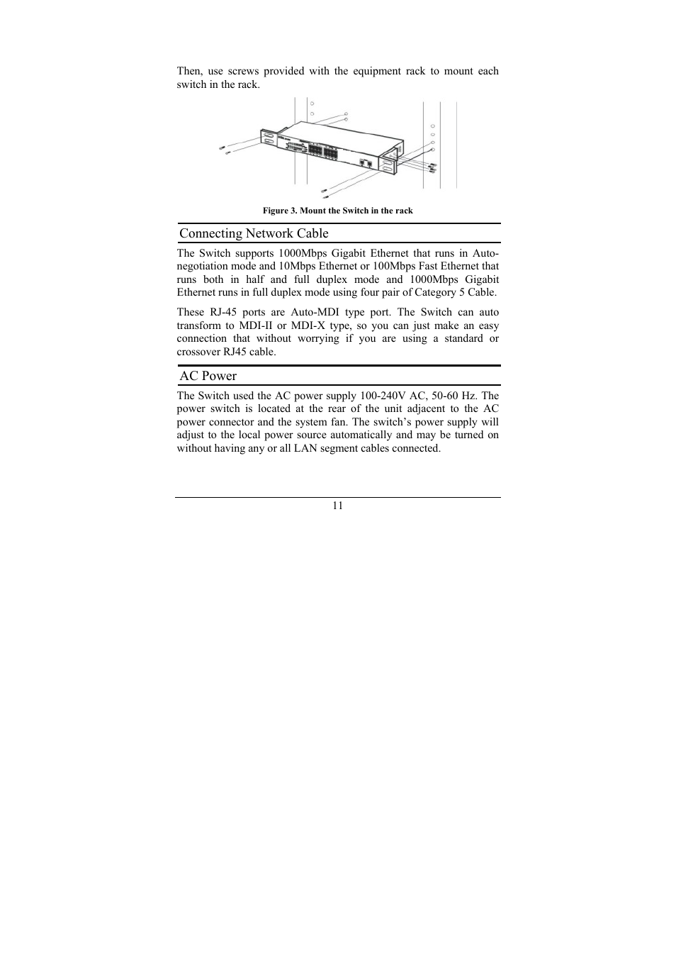 Connecting network cable, Ac power | D-Link 16-Port 10/100/1000Mbps Gigabit Ethernet Switch + 2-Port Mini GBIC Web-Smart Switch DGS-1216T User Manual | Page 17 / 61