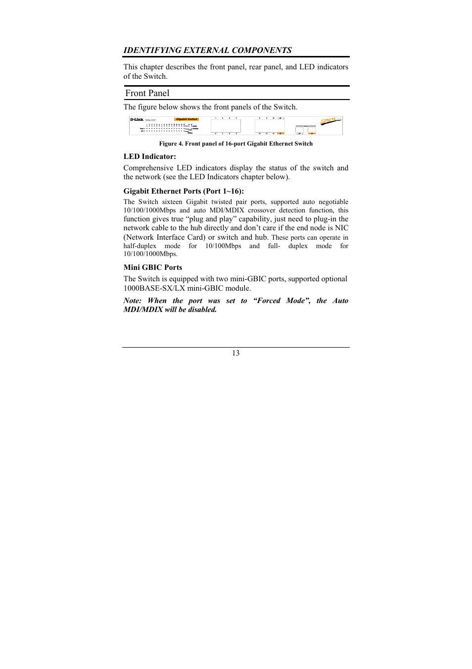 Front panel | D-Link 16-Port 10/100/1000Mbps Gigabit Ethernet Switch + 2-Port Mini GBIC Web-Smart Switch DGS-1216T User Manual | Page 19 / 61