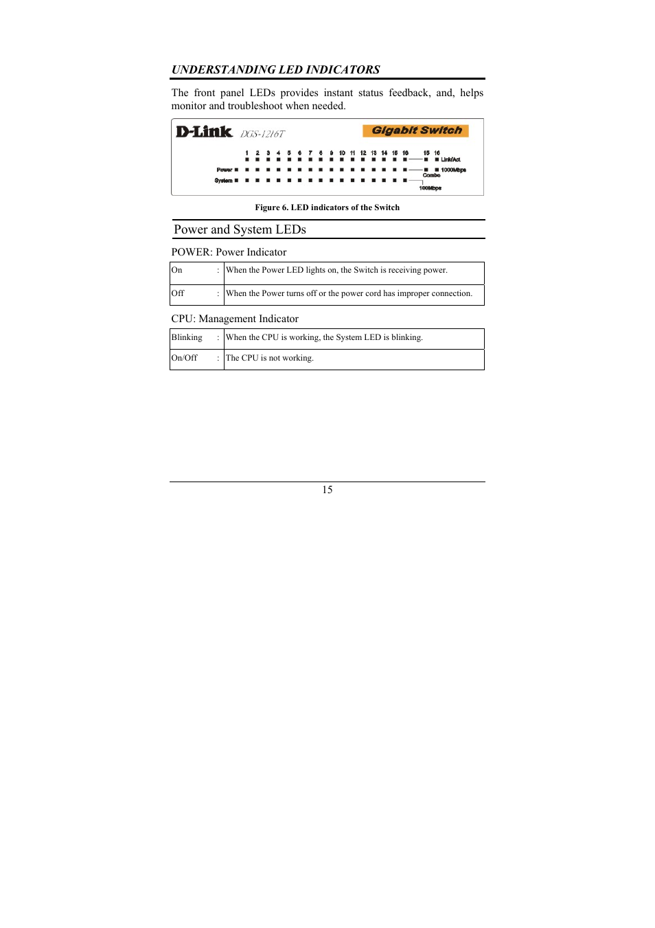 Power and system leds | D-Link 16-Port 10/100/1000Mbps Gigabit Ethernet Switch + 2-Port Mini GBIC Web-Smart Switch DGS-1216T User Manual | Page 21 / 61