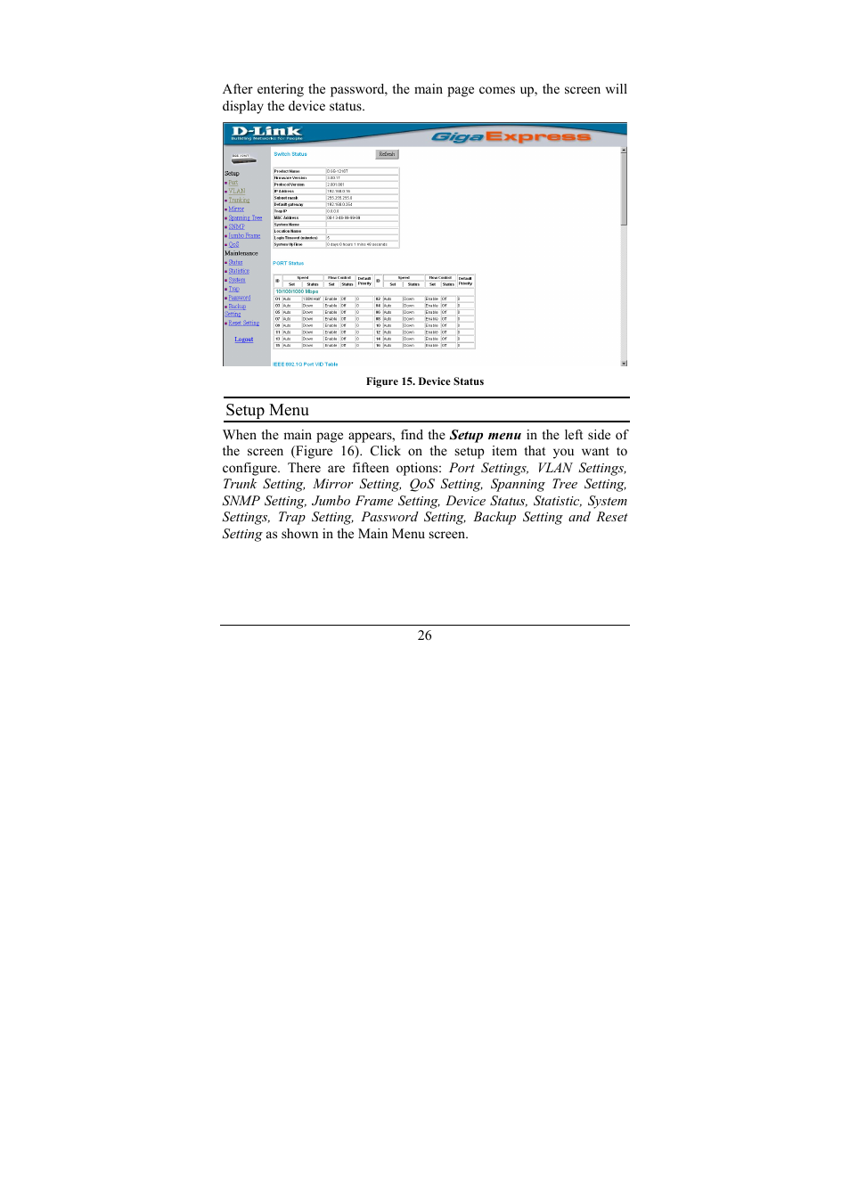 Setup menu | D-Link 16-Port 10/100/1000Mbps Gigabit Ethernet Switch + 2-Port Mini GBIC Web-Smart Switch DGS-1216T User Manual | Page 32 / 61