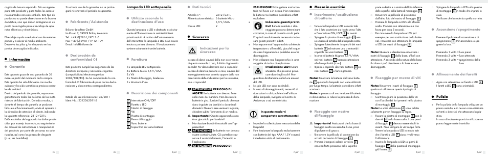 Información, Garantía, Fabricante / asistencia | Declaración de conformidad, Lampada led sottopensile, Utilizzo secondo la destinazione d’uso, Fornitura, Descrizione dei componenti, Dati tecnici, Sicurezza indicazioni per la sicurezza | Livarno 2312/031L User Manual | Page 2 / 6