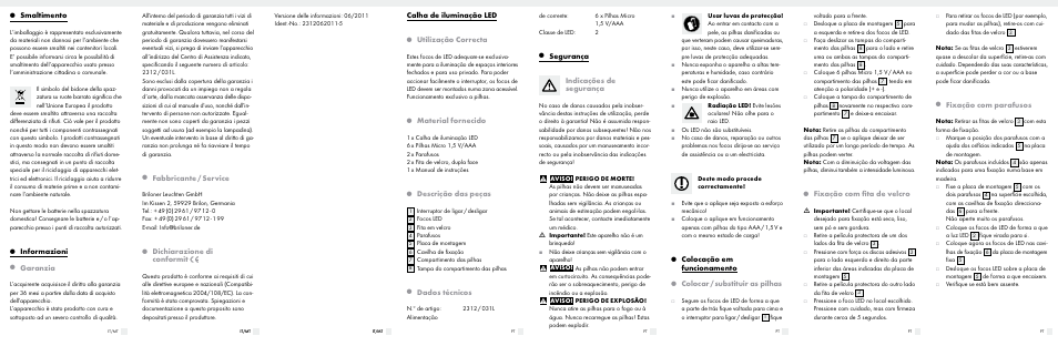 Smaltimento, Informazioni, Garanzia | Fabbricante / service, Dichiarazione di conformit, Calha de iluminação led, Utilização correcta, Material fornecido, Descrição das peças, Dados técnicos | Livarno 2312/031L User Manual | Page 3 / 6