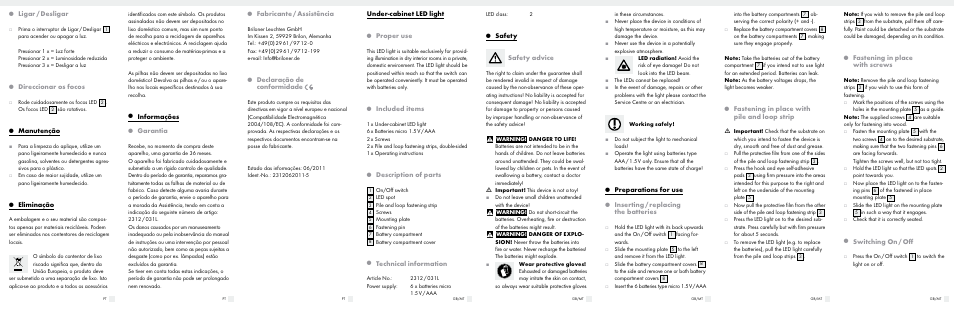 Ligar / desligar, Direccionar os focos, Manutenção | Eliminação, Informações, Garantia, Fabricante / assistência, Declaração de conformidade, Under-cabinet led light, Proper use | Livarno 2312/031L User Manual | Page 4 / 6
