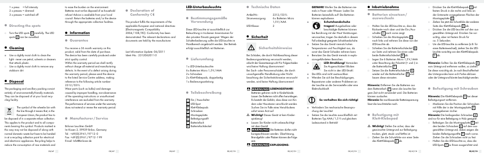 Directing the spots, Cleaning, Disposal | Information, Guarantee, Manufacturer / service, Declaration of conformity, Led-unterbauleuchte, Bestimmungsgemäße verwendung, Lieferumfang | Livarno 2312/031L User Manual | Page 5 / 6