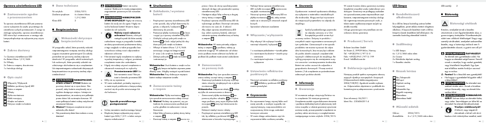 Dane techniczne, Bezpieczeństwo wskazówki dotyczące bezpieczeństwa, Oprawa oświetleniowa led | Zastosowanie zgodne z przeznaczeniem, Zakres dostawy, Opis części, Uruchomienie, Zakładanie / wymiana baterii, Zamocowanie taśmy z rzepem, Zamocowanie za pomocą śrub | Livarno 2304/031L User Manual | Page 2 / 6
