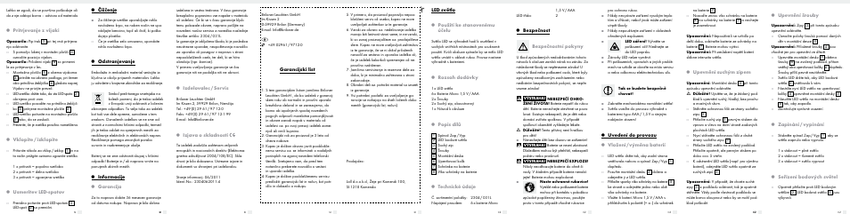 Pritrjevanje z vijaki, Vklopite / izklopite, Usmeritev led-spotov | Čiščenje, Odstranjevanje, Informacije, Garancija, Izdelovalec / servis, Izjava o skladnosti, Led světlo | Livarno 2304/031L User Manual | Page 4 / 6