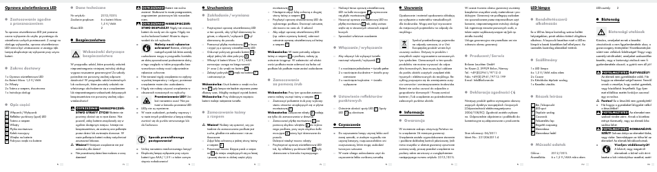 Dane techniczne, Bezpieczeństwo wskazówki dotyczące bezpieczeństwa, Oprawa oświetleniowa led | Zastosowanie zgodne z przeznaczeniem, Zakres dostawy, Opis części, Uruchomienie, Zakładanie / wymiana baterii, Zamocowanie taśmy z rzepem, Zamocowanie za pomocą śrub | Livarno 2312/031L User Manual | Page 2 / 6