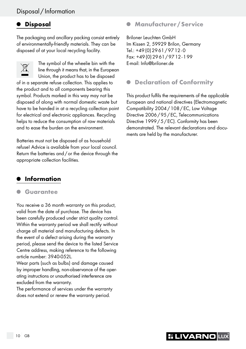 Disposal / information, Disposal, Information | Guarantee, Manufacturer / service, Declaration of conformity | Livarno 3940/052L User Manual | Page 10 / 57