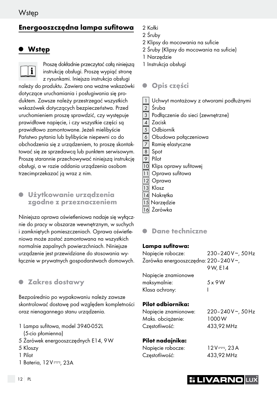 Wstęp, Energooszczędna lampa sufitowa, Użytkowanie urządzenia zgodne z przeznaczeniem | Zakres dostawy, Opis części, Dane techniczne | Livarno 3940/052L User Manual | Page 12 / 57