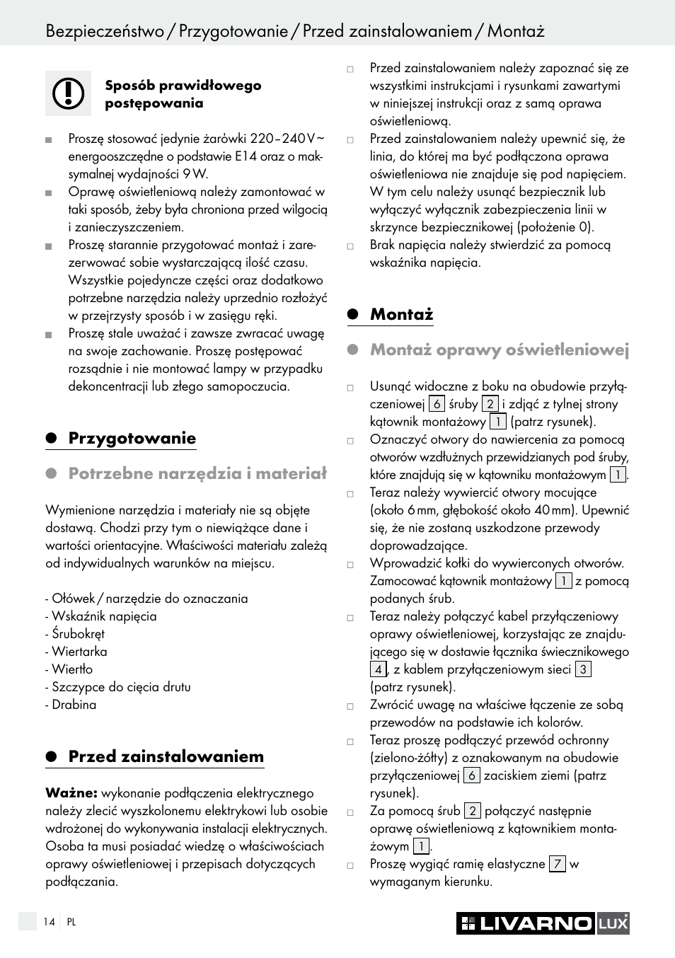 Przygotowanie, Potrzebne narzędzia i materiał, Przed zainstalowaniem | Montaż, Montaż oprawy oświetleniowej | Livarno 3940/052L User Manual | Page 14 / 57