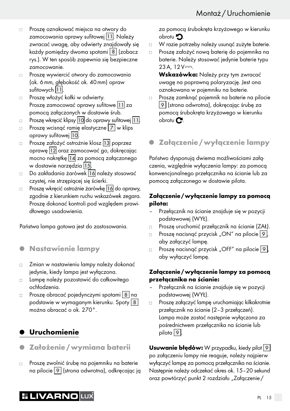 Montaż / uruchomienie, Nastawienie lampy, Uruchomienie | Założenie / wymiana baterii, Załączenie / wyłączenie lampy | Livarno 3940/052L User Manual | Page 15 / 57