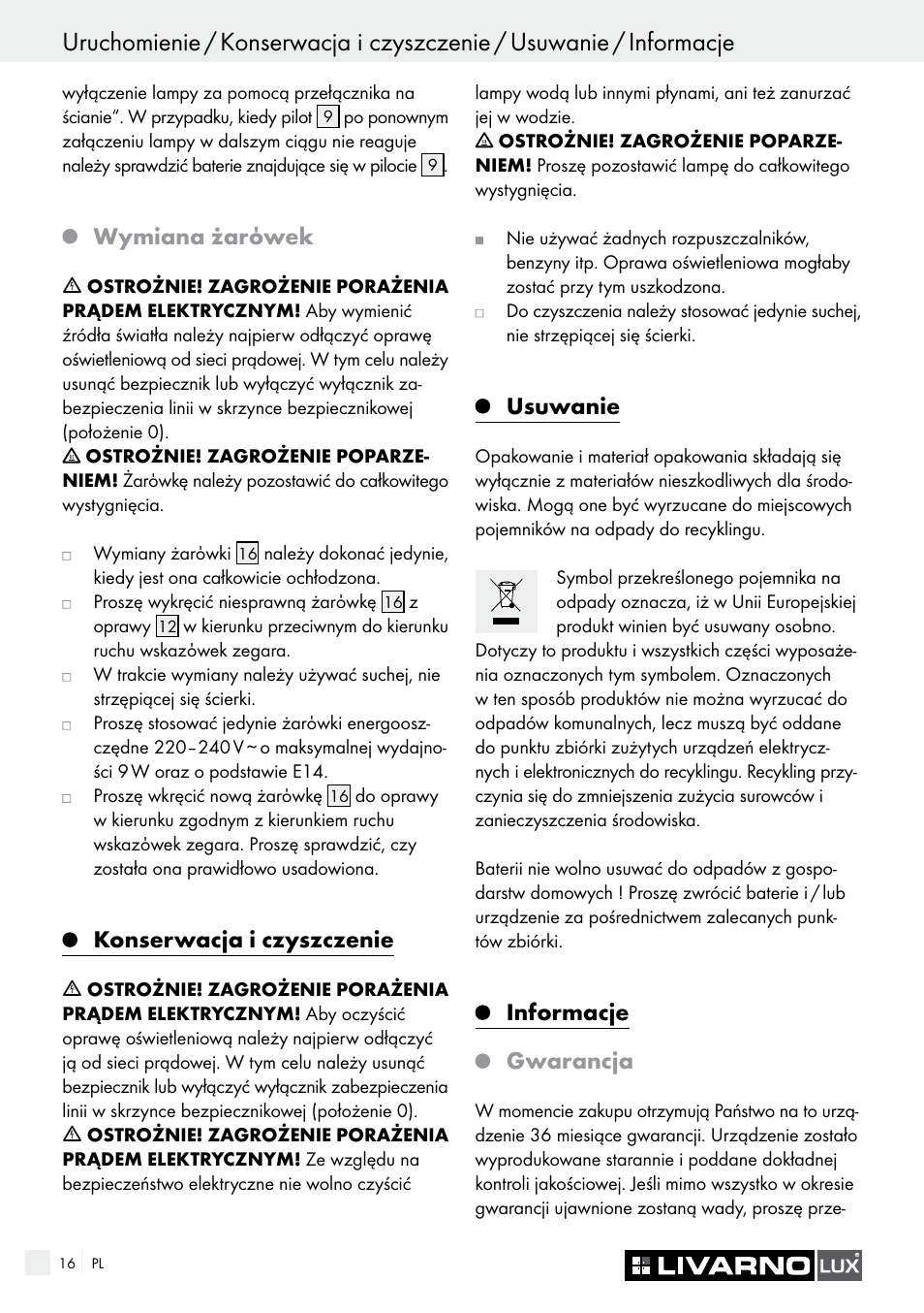 Wymiana żarόwek, Konserwacja i czyszczenie, Usuwanie | Informacje, Gwarancja | Livarno 3940/052L User Manual | Page 16 / 57