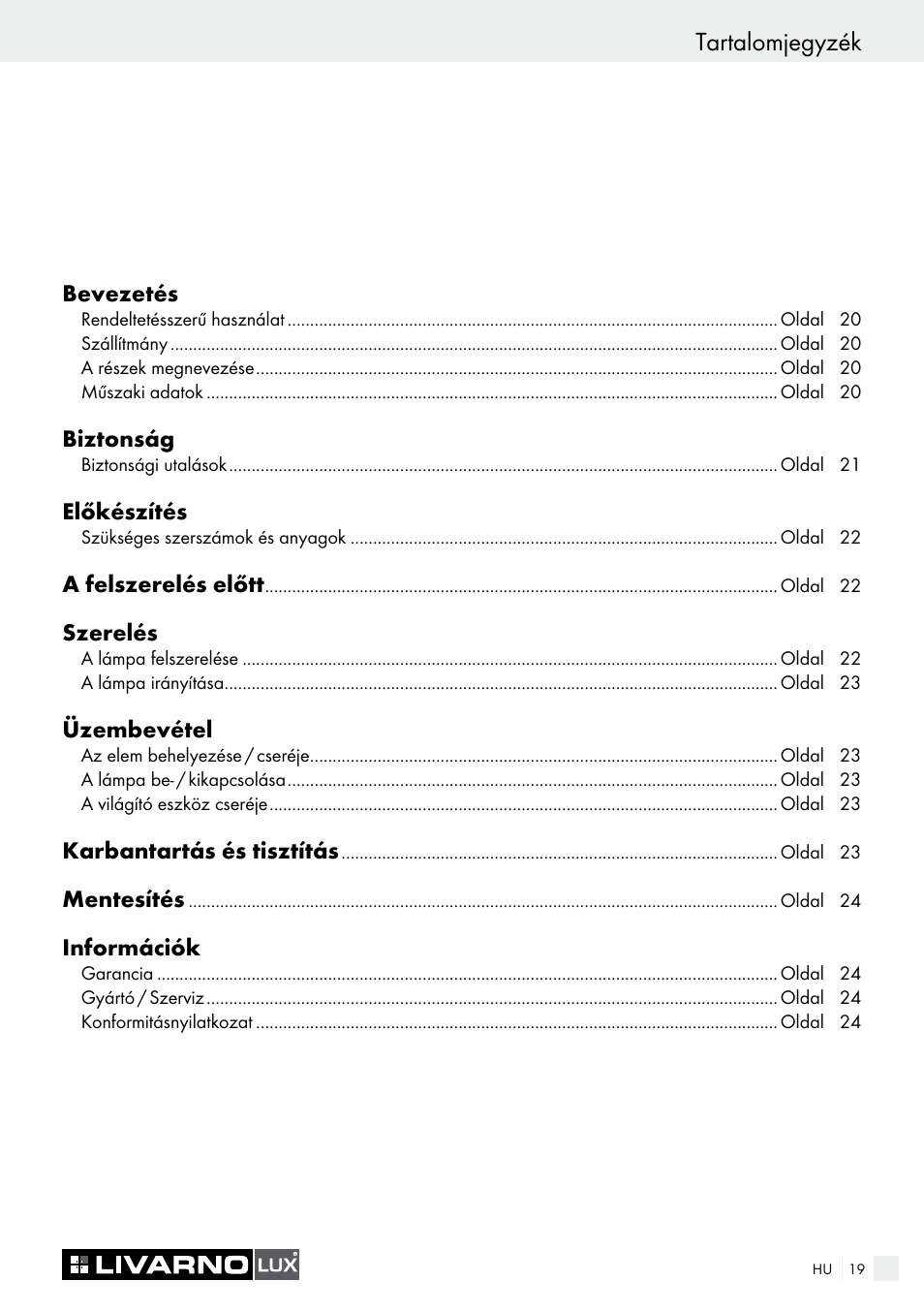 Tartalomjegyzék | Livarno 3940/052L User Manual | Page 19 / 57