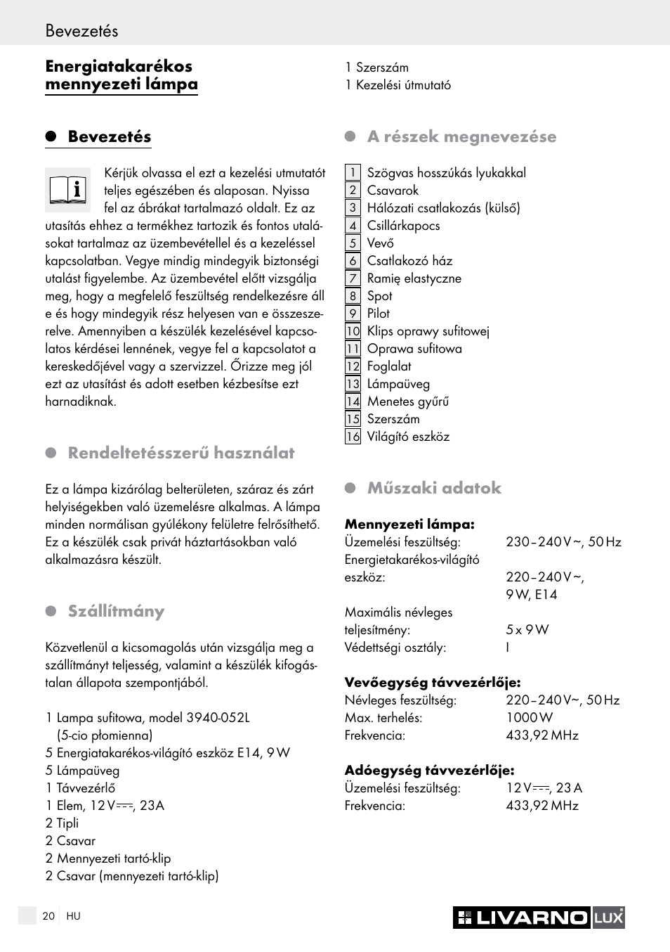 Bevezetés, Energiatakarékos mennyezeti lámpa, Rendeltetésszerű használat | Szállítmány, A részek megnevezése, Műszaki adatok | Livarno 3940/052L User Manual | Page 20 / 57