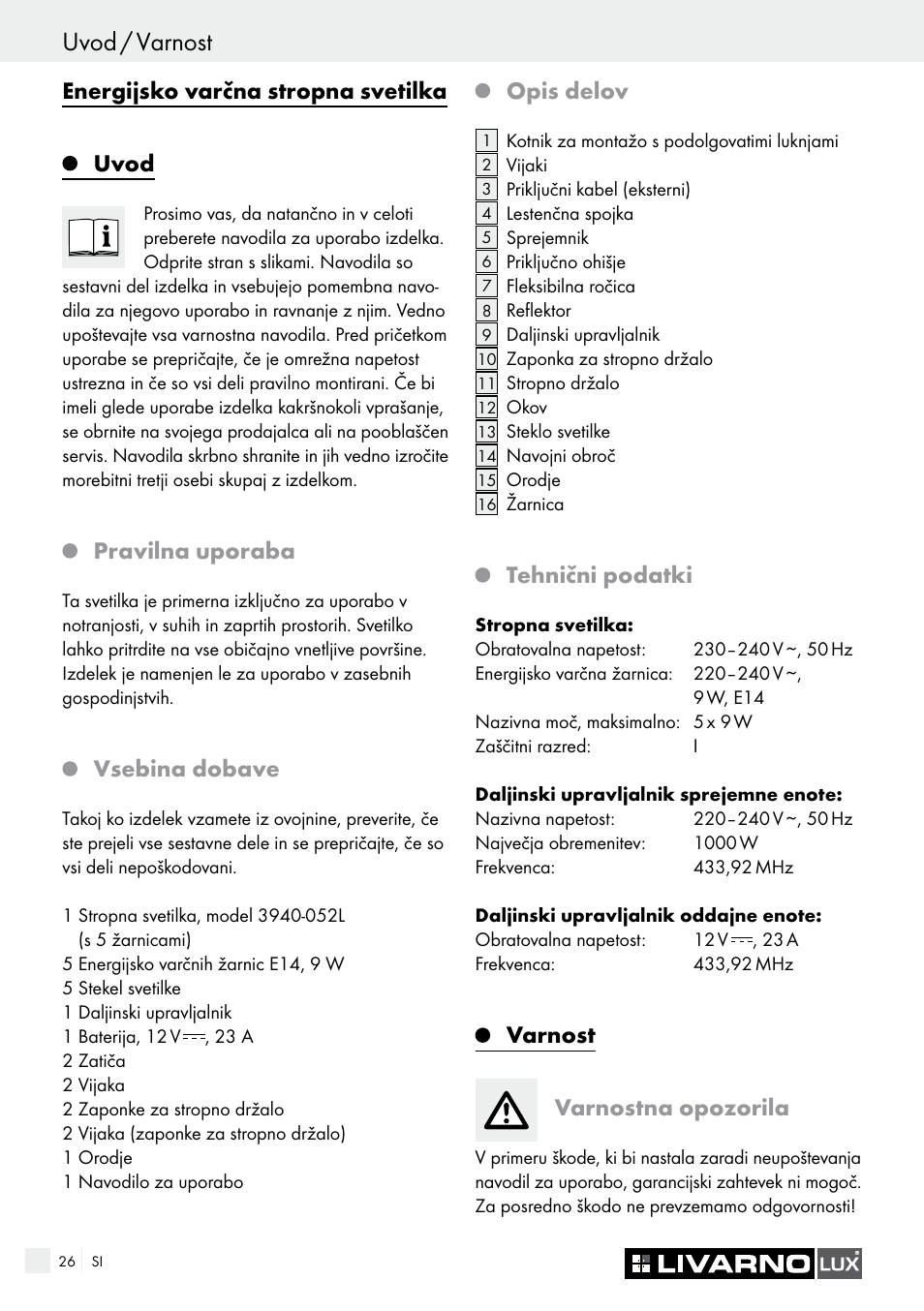 Uvod / varnost, Energijsko varčna stropna svetilka, Uvod | Pravilna uporaba, Vsebina dobave, Opis delov, Tehnični podatki, Varnost varnostna opozorila | Livarno 3940/052L User Manual | Page 26 / 57