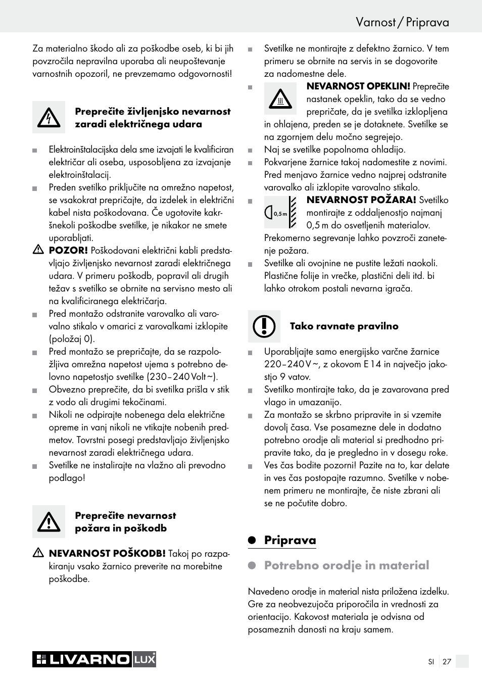 Varnost / priprava, Priprava, Potrebno orodje in material | Livarno 3940/052L User Manual | Page 27 / 57