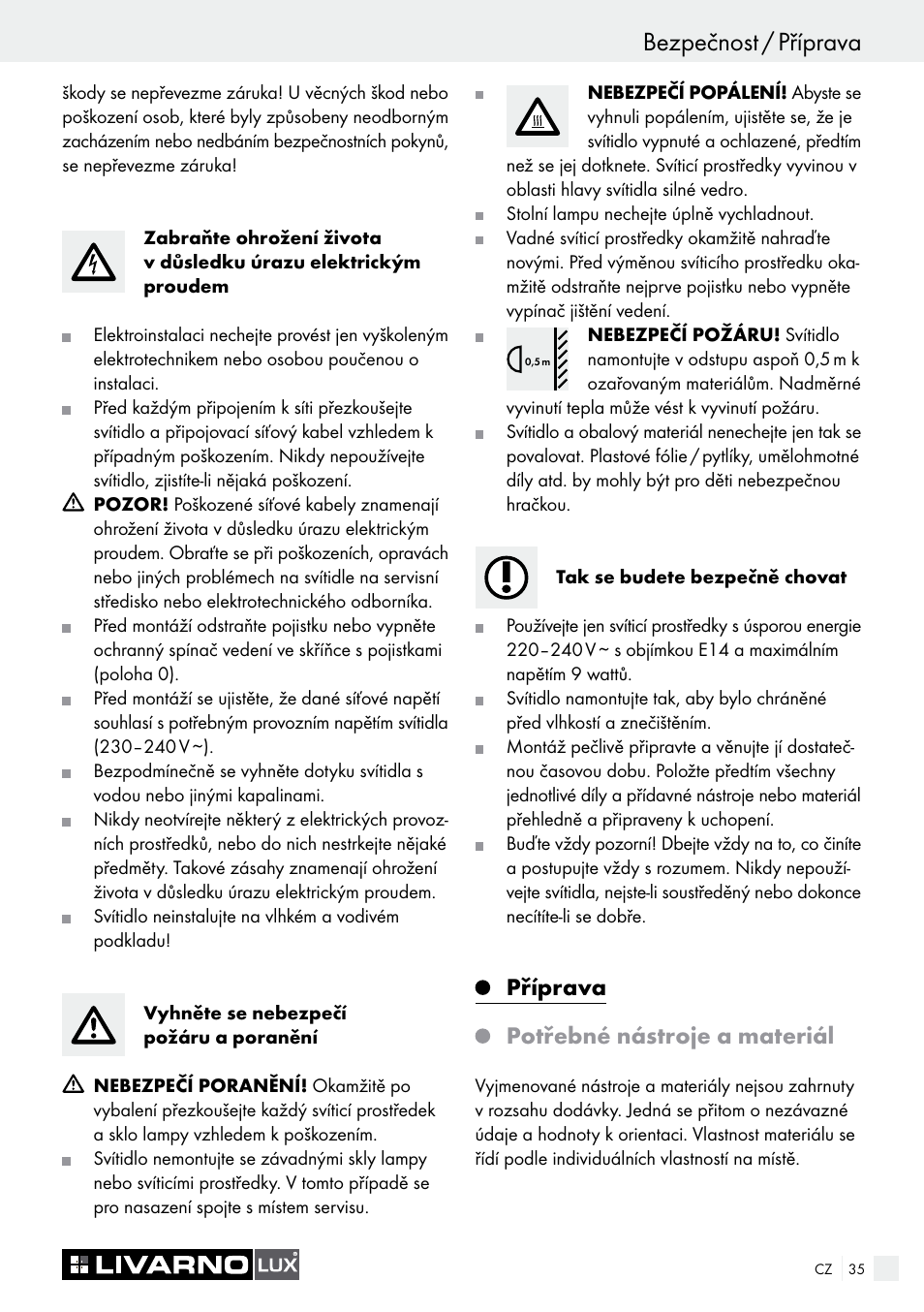 Bezpečnost / příprava, Příprava, Potřebné nástroje a materiál | Livarno 3940/052L User Manual | Page 35 / 57