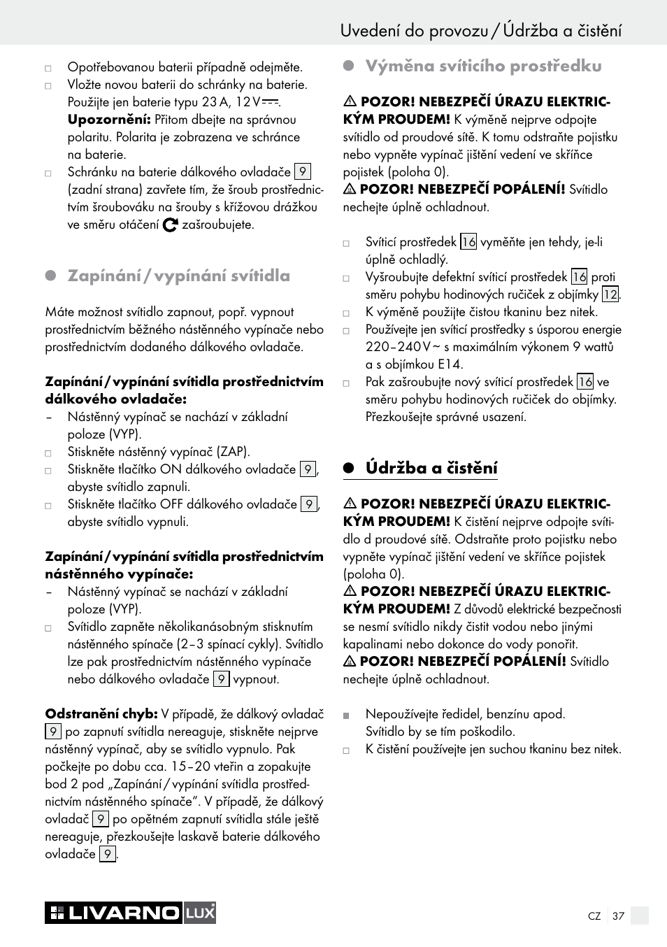 Uvedení do provozu / údržba a čistění, Zapínání / vypínání svítidla, Výměna svíticího prostředku | Údržba a čistění | Livarno 3940/052L User Manual | Page 37 / 57