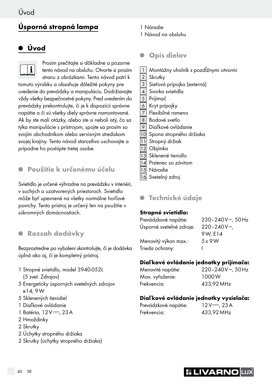 Úvod, Úsporná stropná lampa, Použitie k určenému účelu | Rozsah dodávky, Opis dielov, Technické údaje | Livarno 3940/052L User Manual | Page 40 / 57