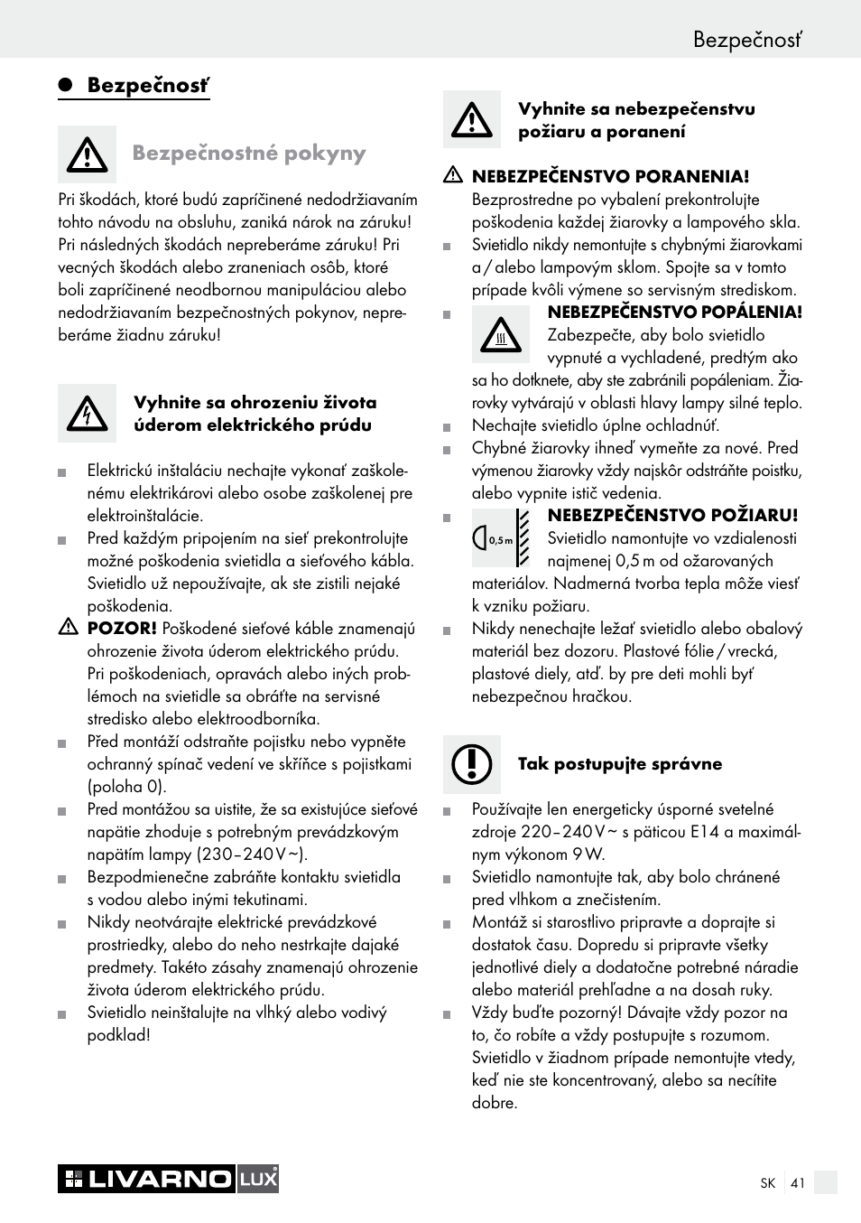 Bezpečnosť, Bezpečnosť bezpečnostné pokyny | Livarno 3940/052L User Manual | Page 41 / 57