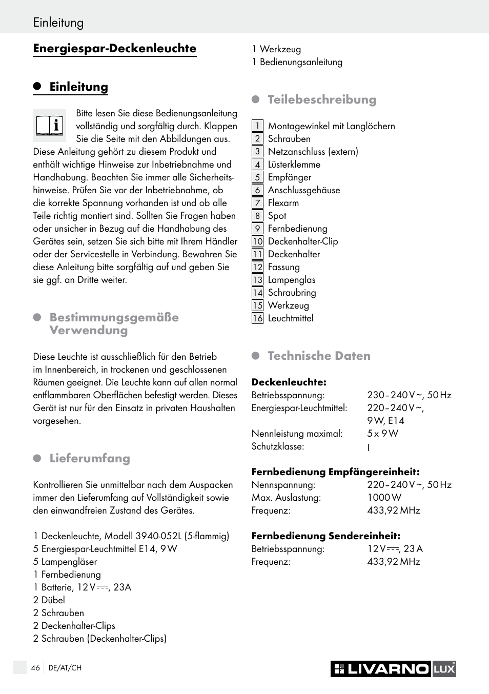 Einleitung, Energiespar-deckenleuchte, Bestimmungsgemäße verwendung | Lieferumfang, Teilebeschreibung, Technische daten | Livarno 3940/052L User Manual | Page 46 / 57