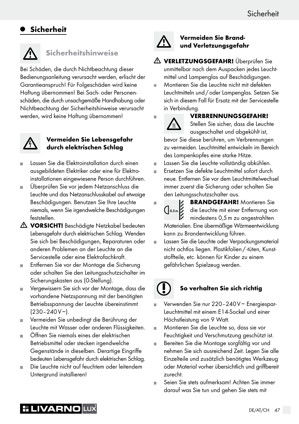 Sicherheit, Sicherheit sicherheitshinweise | Livarno 3940/052L User Manual | Page 47 / 57