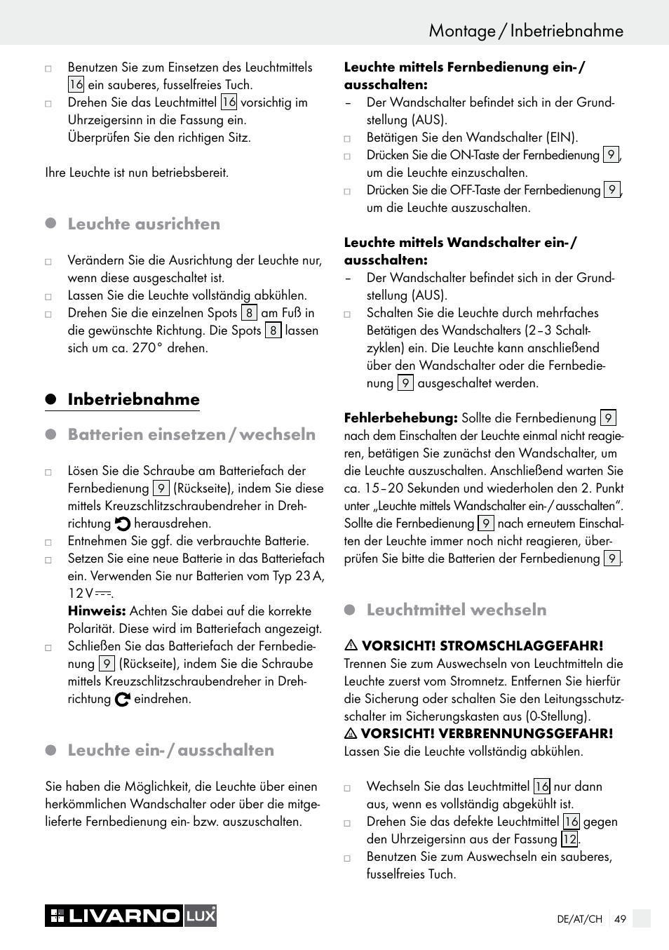 Montage / inbetriebnahme, Leuchte ausrichten, Inbetriebnahme | Batterien einsetzen / wechseln, Leuchte ein- / ausschalten, Leuchtmittel wechseln | Livarno 3940/052L User Manual | Page 49 / 57