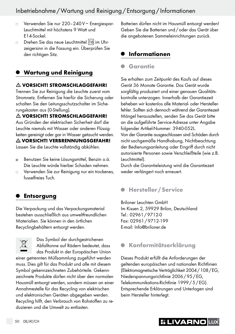 Wartung und reinigung, Entsorgung, Informationen | Garantie, Hersteller / service, Konformitätserklärung | Livarno 3940/052L User Manual | Page 50 / 57