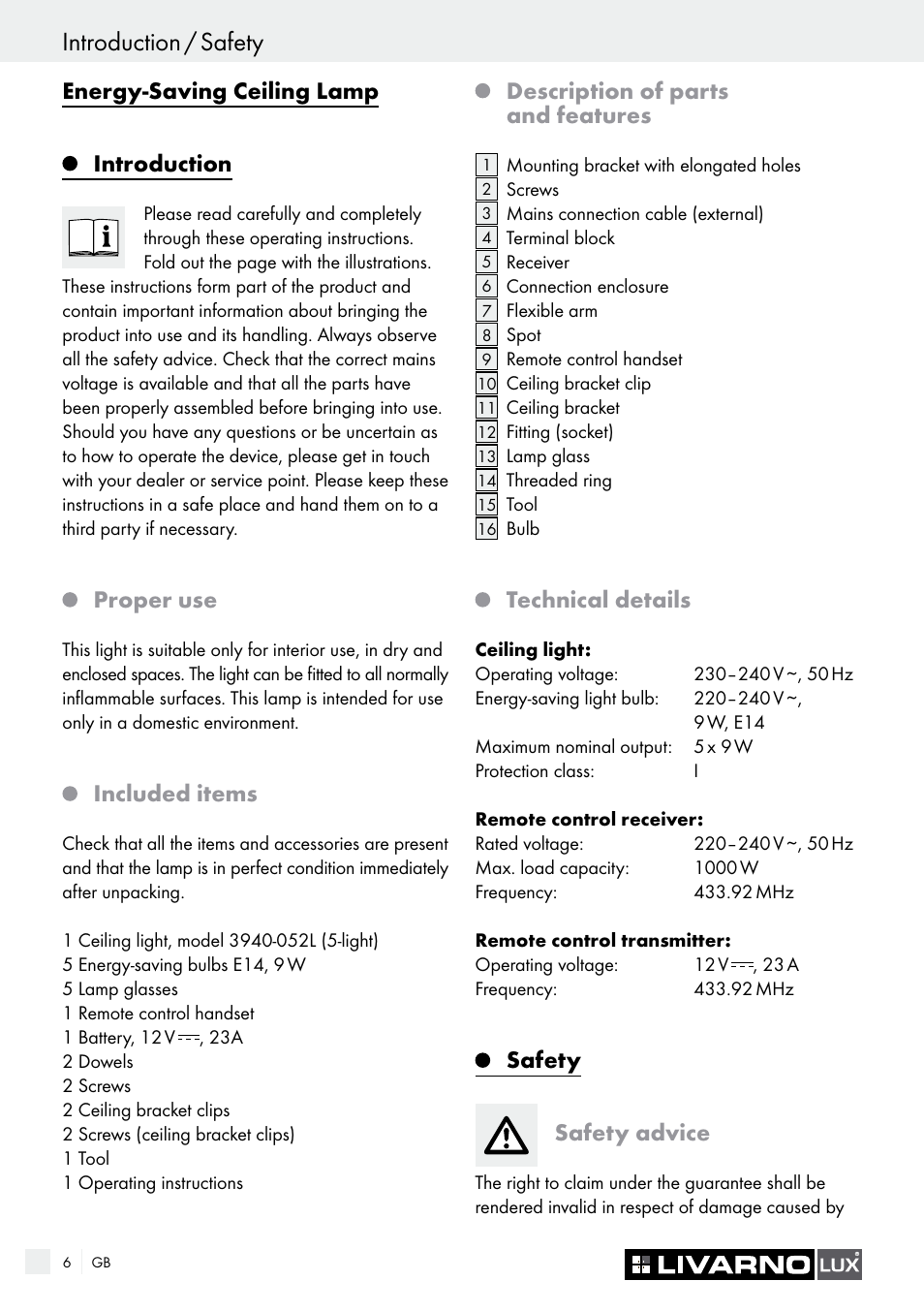 Introduction / safety, Energy-saving ceiling lamp, Introduction | Proper use, Included items, Description of parts and features, Technical details, Safety safety advice | Livarno 3940/052L User Manual | Page 6 / 57